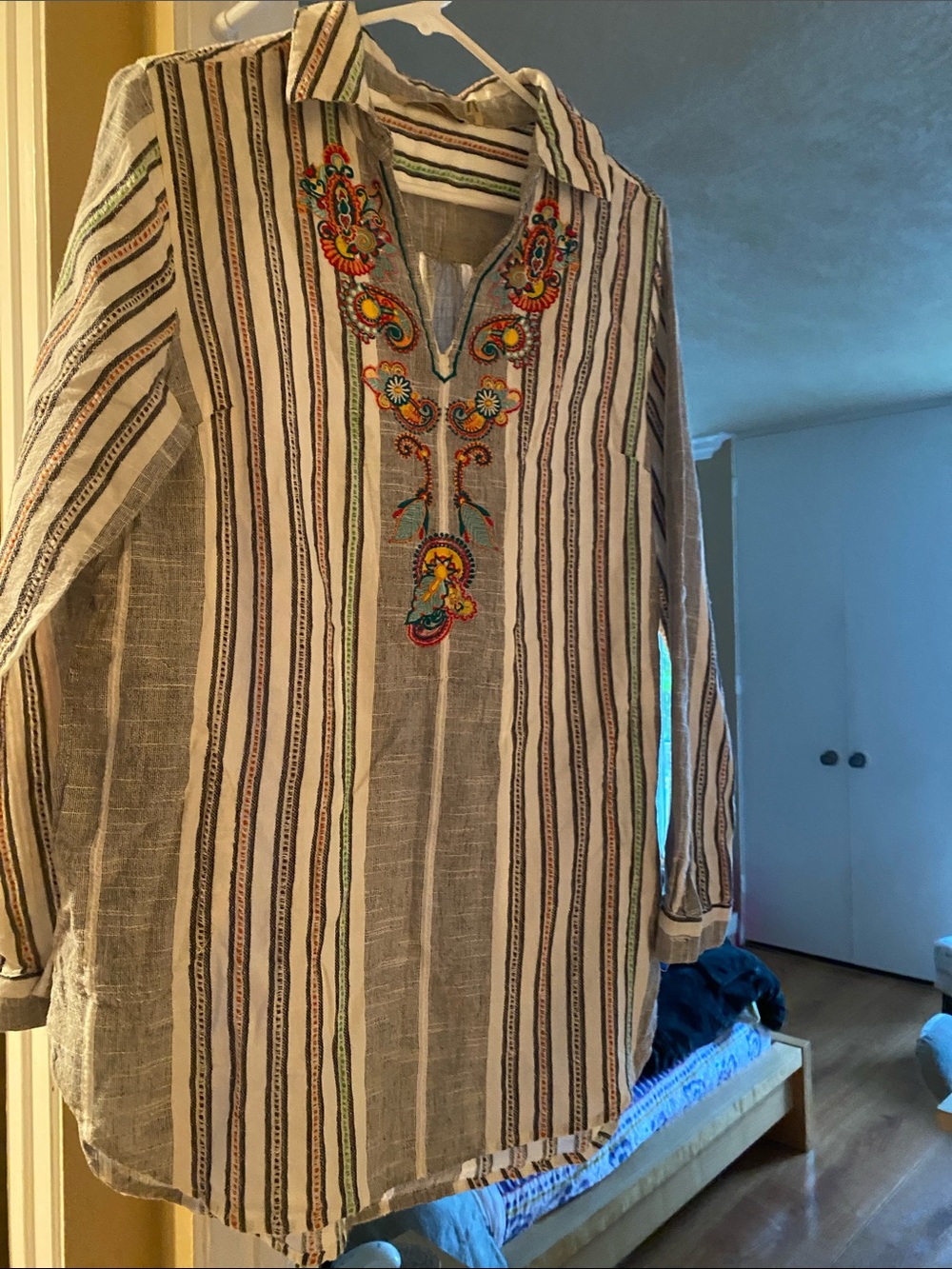 Soft Surroundings Striped Embroidered Button-Down Shirt - White and Multicolor
